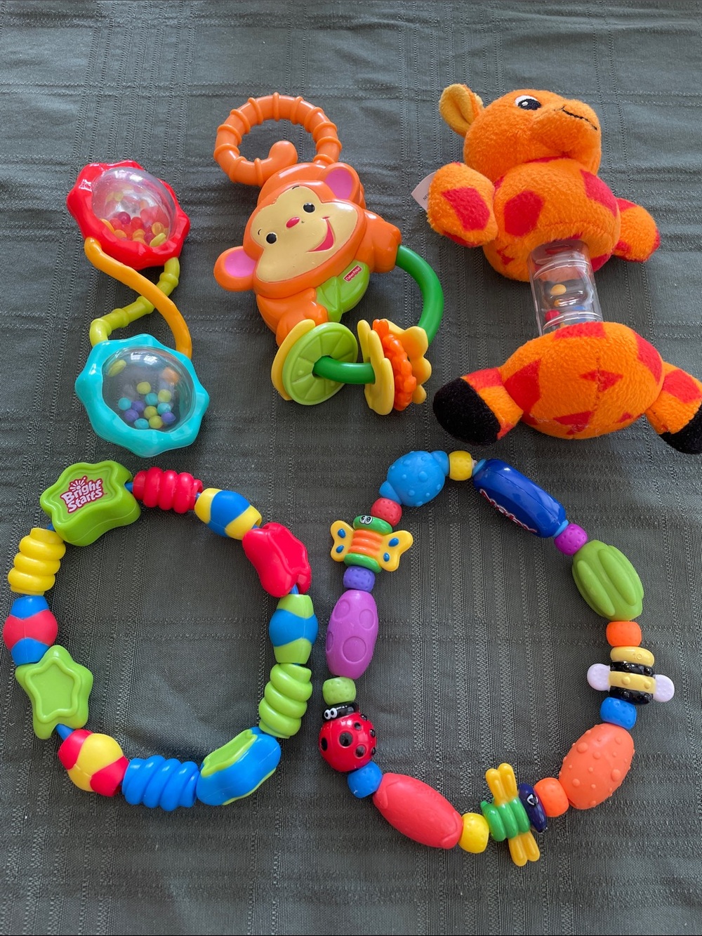Bright Multi-Color Baby Teething & Rattle Toy Set - Orange Plush Included. EUC